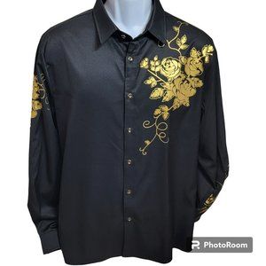Zeroyaa Shirt, Men L, Black Silky Satin Material, Gold Floral, Western, EUC